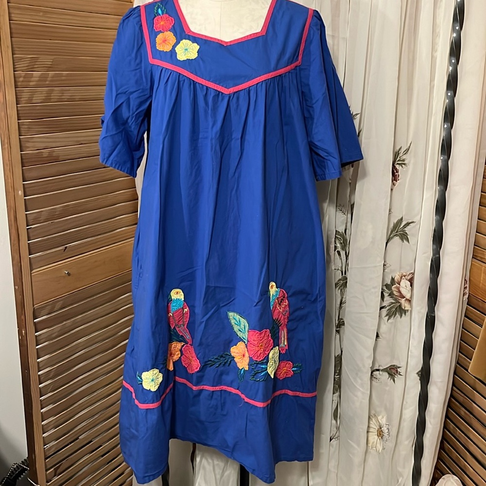Vintage National lounge dress, blue/tropical Large